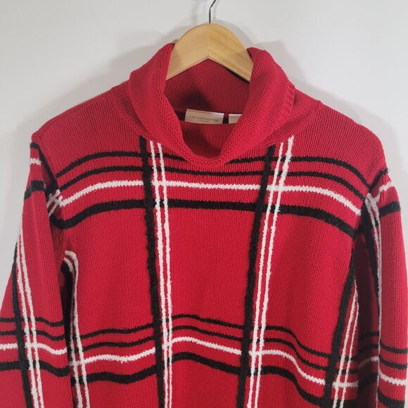 LIZ CLAIBORNE Red Knit Windowpane Plaid Sweater Size L Cotton Blend Turtleneck - Picture 4 of 8